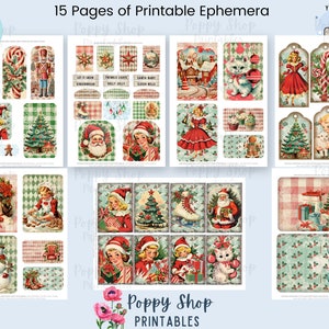 Op de afbeelding: Een verzameling van 15 pagina's met afdrukbare kerst-ephemera. De ontwerpen bevatten vintage illustraties van de kerstman, kerstbomen, kinderen, cadeaus en vakantiedecoraties. Het kleurenpalet omvat rode, groene en blauwe tinten.