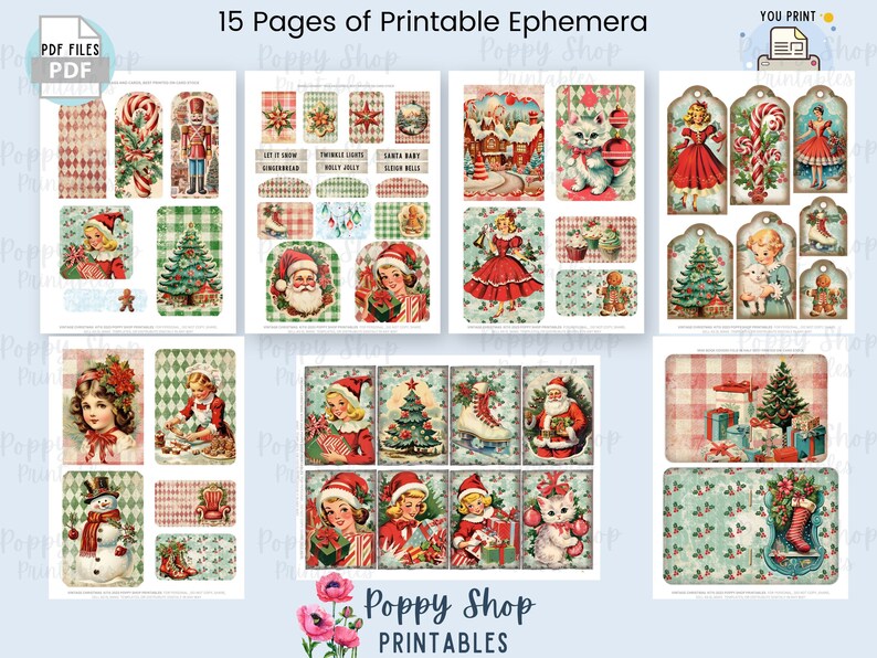 Op de afbeelding: Een verzameling van 15 pagina's met afdrukbare kerst-ephemera. De ontwerpen bevatten vintage illustraties van de kerstman, kerstbomen, kinderen, cadeaus en vakantiedecoraties. Het kleurenpalet omvat rode, groene en blauwe tinten.