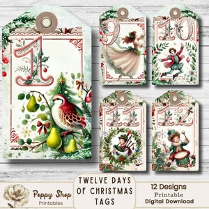 Cadeaukaartjes 12 dagen kerst, tags Twaalf dagen kerst, DIY-tags, vintage, Kerstmis, collage, kortstondige, afdrukbare, digitale download