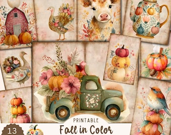 Colorful Fall Junk Journal Pages, Farmhouse Autumn Printable Kit with Flowers, Thanksgiving Digital Kit