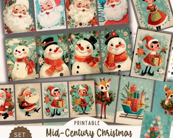 Mid Century Christmas ATC Cards | Vintage Kitsch Retro Santa & Snowman Mini Art Printables
