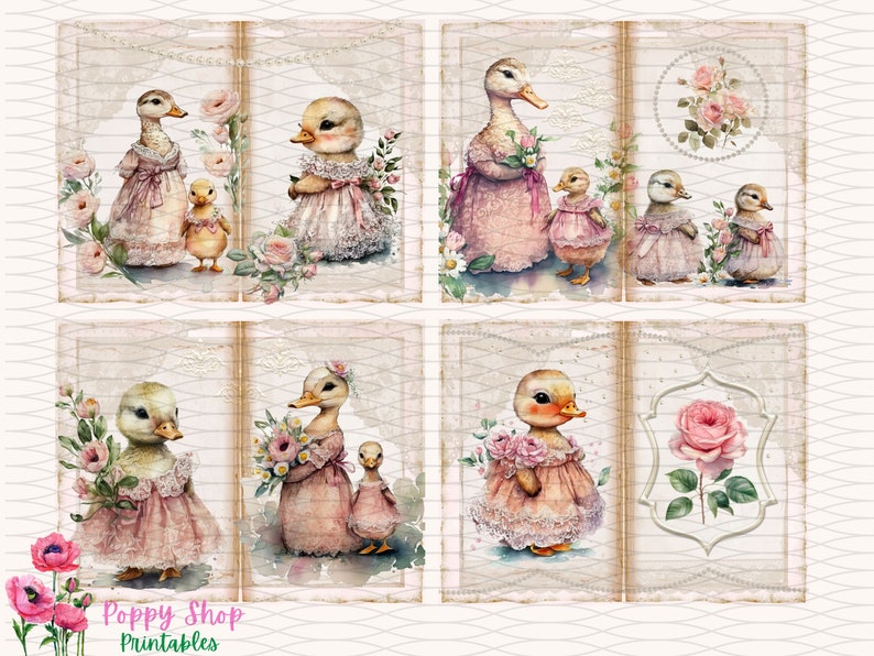 May include: A digital collage sheet featuring six images of ducks wearing pink dresses and holding flowers. The ducks are surrounded by pink roses and other floral elements. The images are set against a white background with a distressed, vintage look.