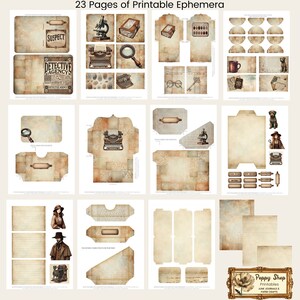 May include: 23 pages of printable ephemera with a vintage detective theme. The pages feature illustrations of a magnifying glass, a typewriter, a microscope, a coffee cup, a dog, and a woman in a detective coat. The pages also include various labels, envelopes, and journal pages.