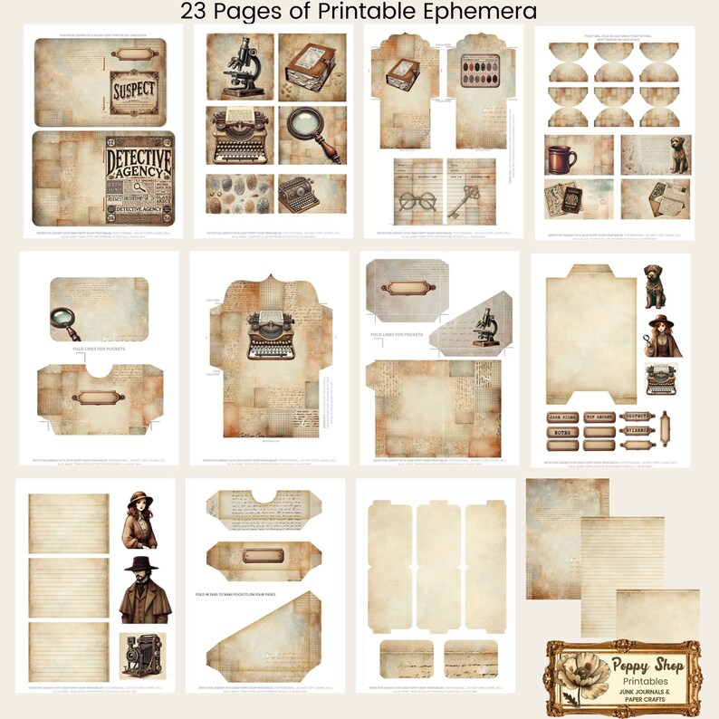May include: 23 pages of printable ephemera with a vintage detective theme. The pages feature illustrations of a magnifying glass, a typewriter, a microscope, a coffee cup, a dog, and a woman in a detective coat. The pages also include various labels, envelopes, and journal pages.