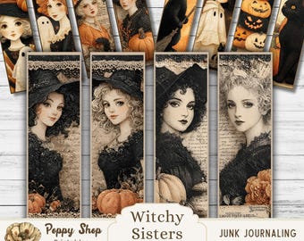 Witchy Printable Bookmarks, Halloween Bookmarks with Ghosts, Cats & Pumpkins, Cottagecore Witch Aesthetic