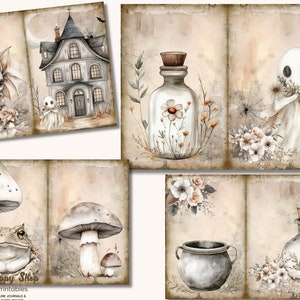 Peut inclure: Un ensemble de six papiers num&eacute;riques imprimables sur le th&egrave;me d'Halloween. Les papiers pr&eacute;sentent des illustrations d'une maison hant&eacute;e, d'un fant&ocirc;me, d'un champignon, d'un crapaud, d'une fiole de potion et de fleurs. Les papiers sont parfaits pour le scrapbooking, la fabrication de cartes et autres projets d'artisanat.