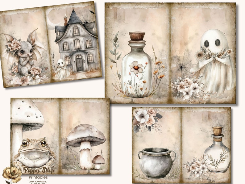 Peut inclure: Un ensemble de six papiers num&eacute;riques imprimables sur le th&egrave;me d'Halloween. Les papiers pr&eacute;sentent des illustrations d'une maison hant&eacute;e, d'un fant&ocirc;me, d'un champignon, d'un crapaud, d'une fiole de potion et de fleurs. Les papiers sont parfaits pour le scrapbooking, la fabrication de cartes et autres projets d'artisanat.