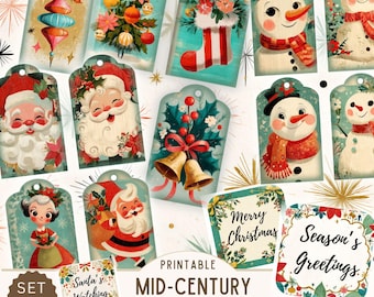 Mid Century Christmas Tags Printable – Retro Santa, Snowman, Reindeer & Ornaments – Vintage Holiday Gift Tags for Christmas Crafts