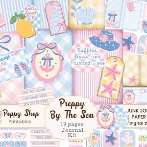 Kit de journalisation coquette plage preppy, pages et documents éphémères de plage imprimables, noeuds, étiquette, papeterie côtière pour journal indésirable, album de scrapbooking de plage mignon