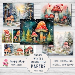 Carta di funghi innevati, diario spazzatura, inverno, funghi di Natale, foresta, carta, stampabile, neve, 8,5 x 11, sfondo, download digitale.