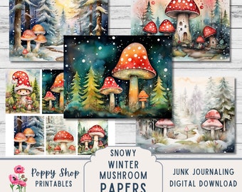 Snowy Mushroom Paper, Junk Journal, Winter,  Christmas Mushrooms, Forest, Paper, Printable, Snow, 8.5x11, background, Digital Download.