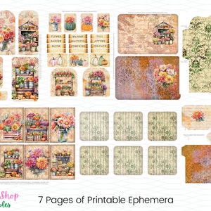 May include: A collection of printable ephemera featuring floral and autumn themes. The designs include tags, cards, and decorative elements with watercolor illustrations of flowers, pumpkins, and market scenes. The text includes "Flower", "Market", "Fall", and "Bloom".