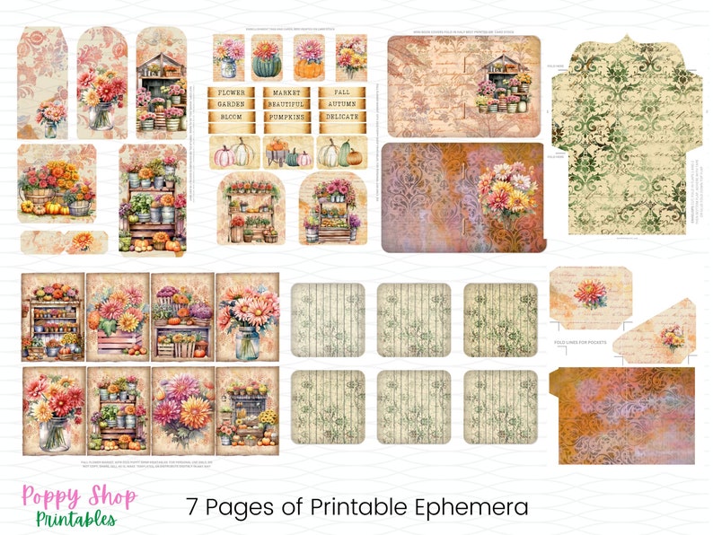 May include: A collection of printable ephemera featuring floral and autumn themes. The designs include tags, cards, and decorative elements with watercolor illustrations of flowers, pumpkins, and market scenes. The text includes "Flower", "Market", "Fall", and "Bloom".