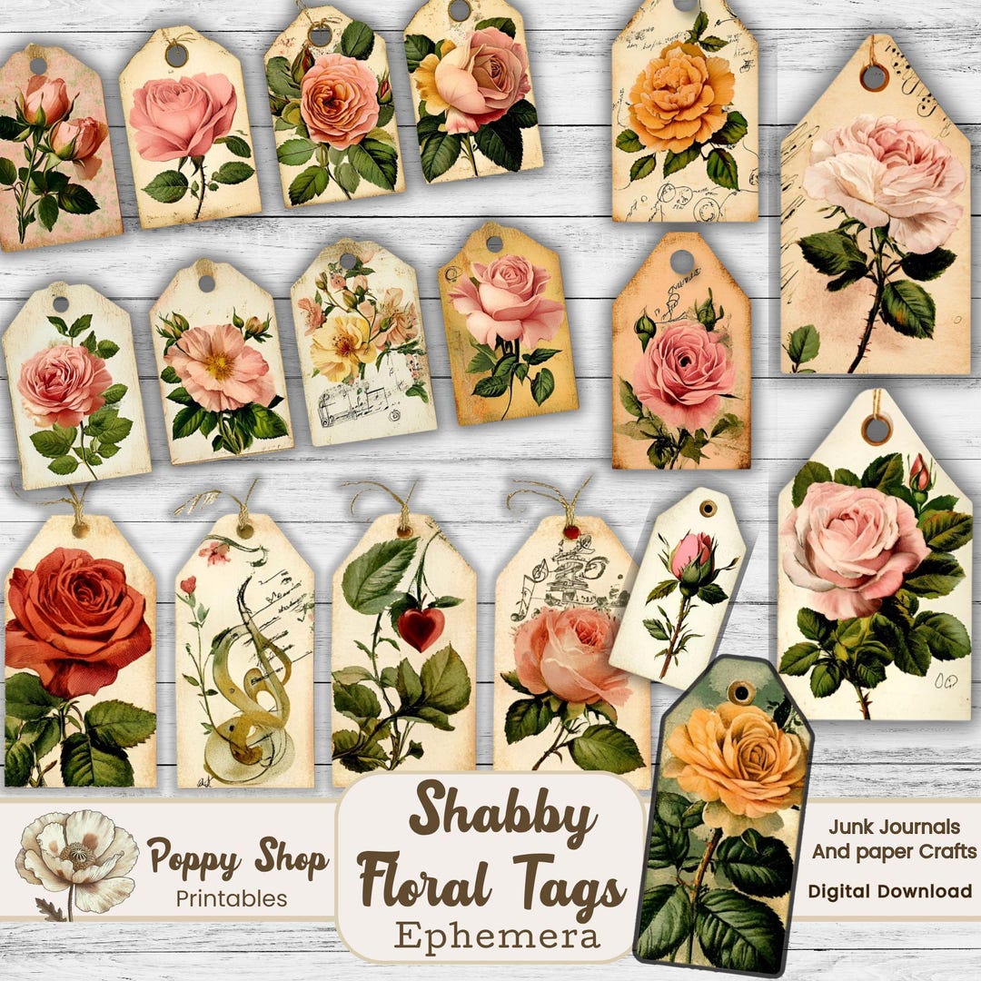Vintage Shabby Chic Roses Floral Tag Fussy Cuts Junk Journal Ephemera ...