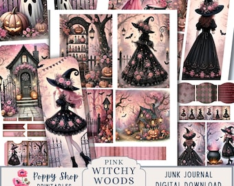 May include: Pink Witchy Woods Ephemera printable digital download for junk journaling. The digital download includes images of a witch, a house, pumpkins, and other Halloween-themed elements.