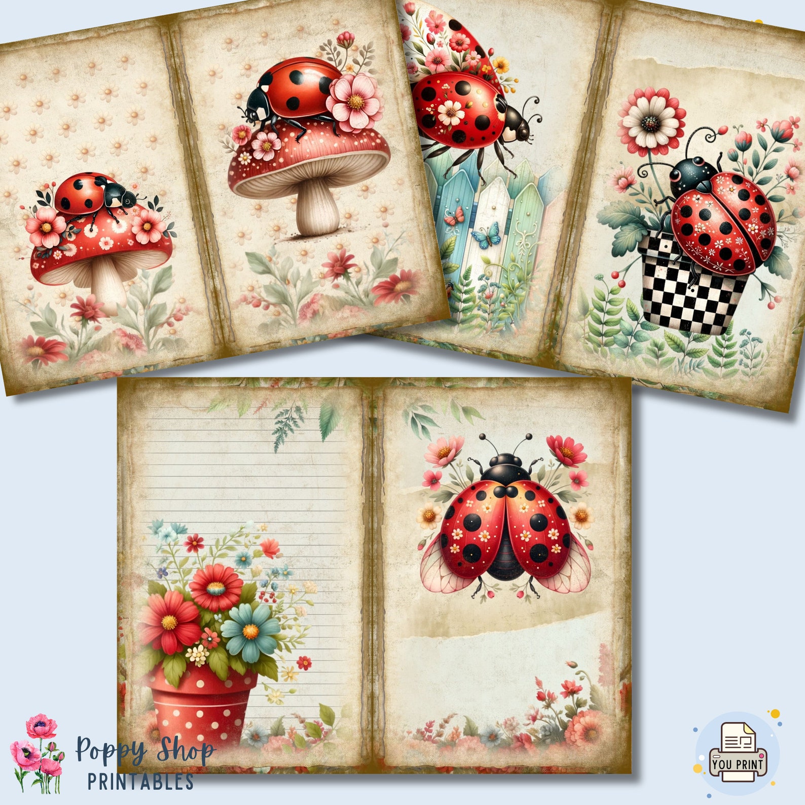 Ladybug Junk Journal, Ladybug Journal Pages, Floral, Colorful ...
