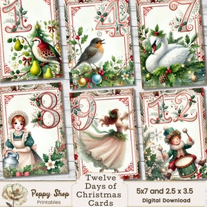 12 Tage Weihnachtskarten, Zwölf Tage Weihnachten, ATC Karten, Weihnachtscliparts, Geschenkanhänger, Printable, Decoupage, Ephemera, Journal Karten