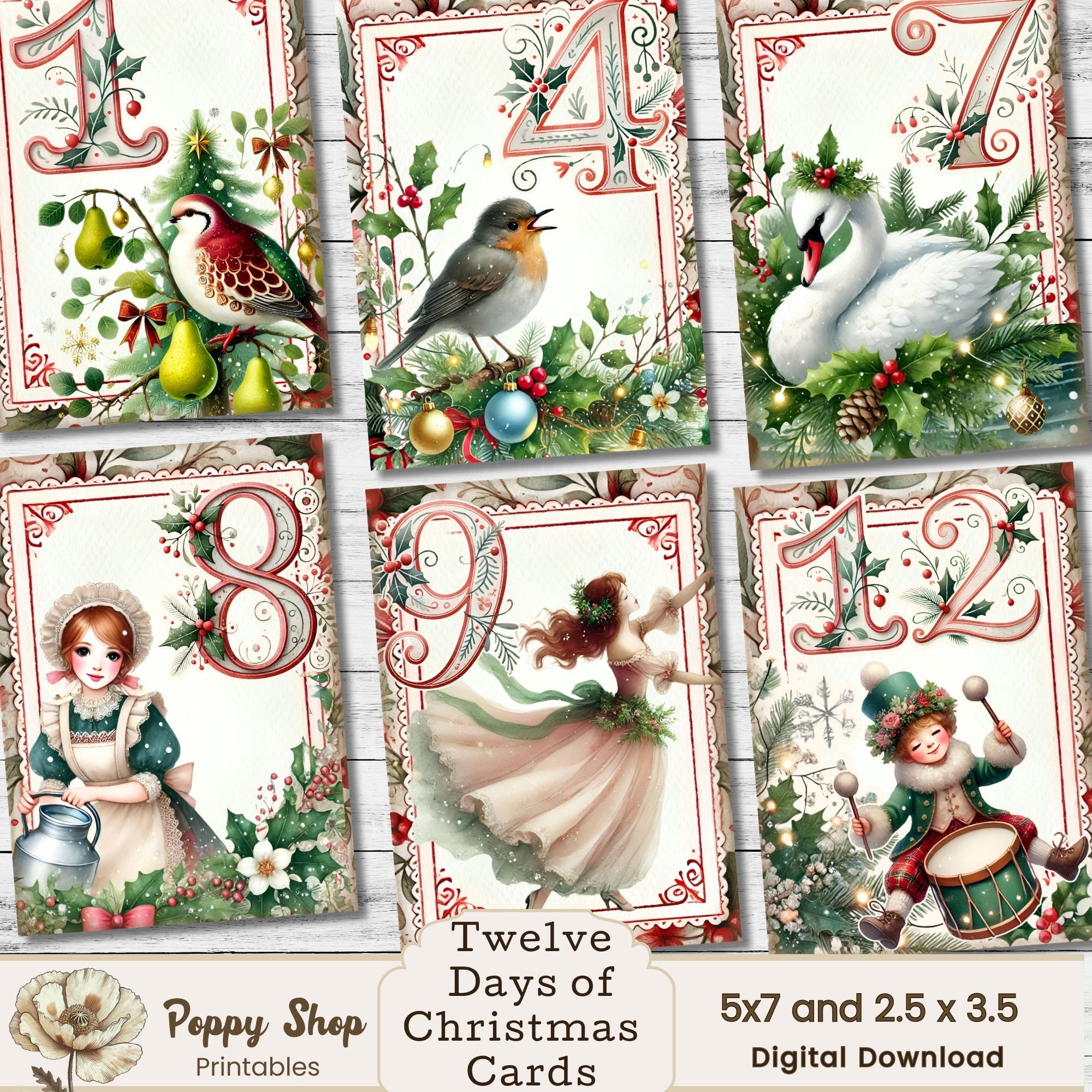 12 Days of Christmas Cards, Twelve Days of Christmas, ATC Cards, Christmas Clipart, Gift Tags, Printable, Decoupage, Ephemera, Journal Cards