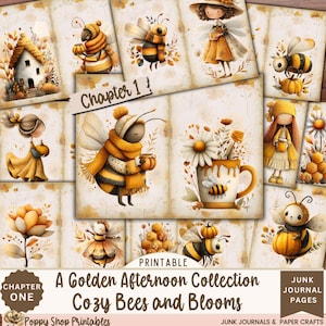 Bee Junk Journal Kit Fall, Printable Cottagecore Pages, Cozy Autumn Ephemera, Whimsical Bees & Florals, Digital Paper Set, Cute Cottage Girl