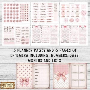 May include: Printable planner pages and ephemera in pink and white with floral and gingham patterns. The pages include numbers, days, months, and lists. The text "5 Planner Pages and 6 Pages of Ephemera Including, Numbers, Days, Months and Lists" is at the bottom of the image.