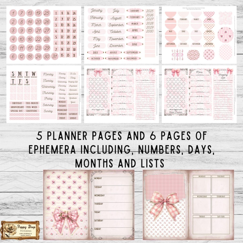 May include: Printable planner pages and ephemera in pink and white with floral and gingham patterns. The pages include numbers, days, months, and lists. The text "5 Planner Pages and 6 Pages of Ephemera Including, Numbers, Days, Months and Lists" is at the bottom of the image.
