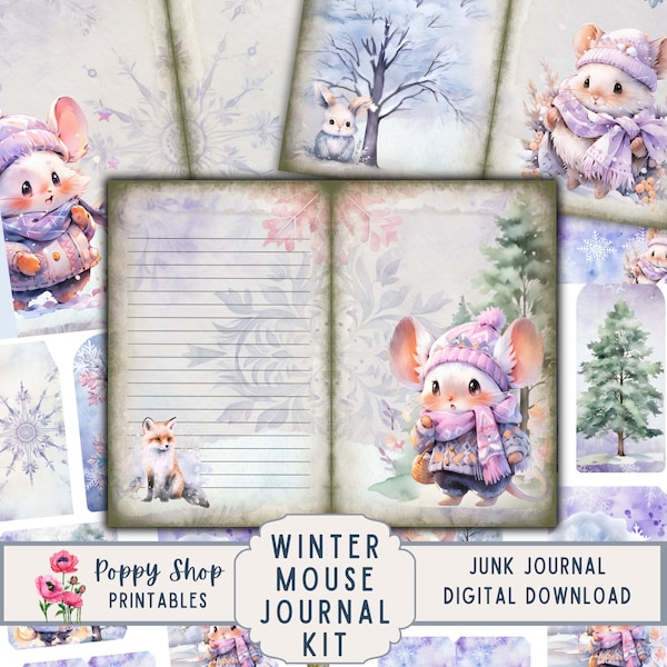 Winter Mouse Junk Journal Kit, Winter Junk Journal, Whimsical, Winter, Mouse, Printable, Ephemera, Junk Journal Pages, Digital Download