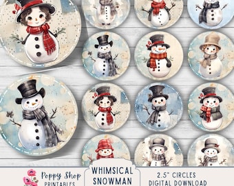 Snowman Circle Tags Gift Labels 2.5 inches, DIY, Christmas, Tags, Labels, Whimsical, Collage Sheet, Snowman, Stickers, Digital Download