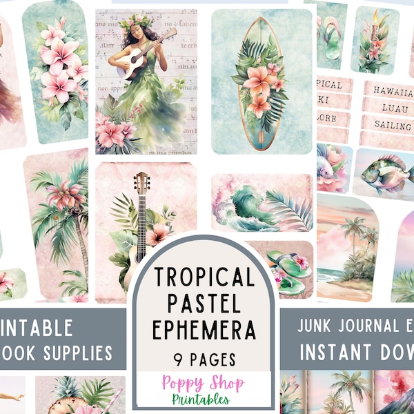 Tropical Ephemera, Junk Journal, Hawaiian, Tropical, Tiki, Hula Girls, Journal, Ephemera, Printable, Scrapbook, ATC Card, Digital Download