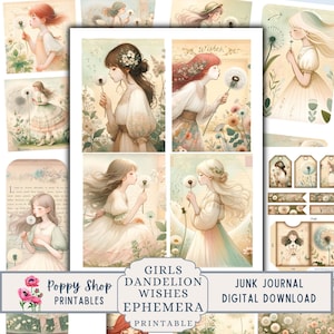 Dente di leone Effimero, Fiore di campo, Ragazze, Kit diario spazzatura, Cottage, Effimera, Botanico, Fiori vintage, Diario spazzatura stampabile, Kit Digi