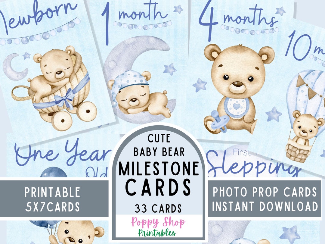 Baby Boy Printable Monthly Milestone Cards, Baby Bear First Year ...