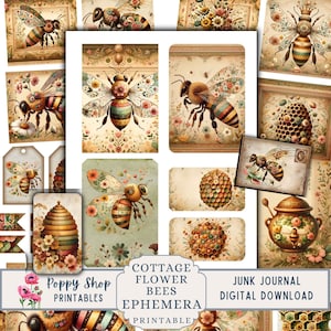 Bee Ephemera, Vintage Bee, Bee Junk Journal, Kit, Flowers, Ephemera, Scrapbook, Honeybee, Bee, Floral, Collage Sheet, Printable, Download