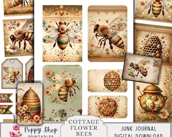 Bee Ephemera, Vintage Bee, Bee Junk Journal, Kit, Flowers, Ephemera, Scrapbook, Honeybee, Bee, Floral, Collage Sheet, Printable, Download