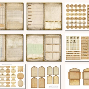 May include: A set of printable vintage-style planner pages and elements. The pages include a monthly calendar, weekly planner, daily planner, and lined pages. The elements include numbers, days of the week, and tags.