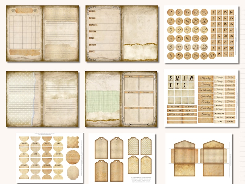 May include: A set of printable vintage-style planner pages and elements. The pages include a monthly calendar, weekly planner, daily planner, and lined pages. The elements include numbers, days of the week, and tags.