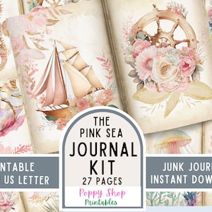 Ocean Junk-dagboekkit, nautisch, roze zee, ongewenste dagboek, afdrukbaar, dagboekpagina's, vuurtoren, zeilboot, kortstondige, plakboekkit, download