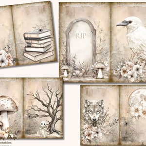 Peut inclure: Un ensemble de six papiers num&eacute;riques imprimables sur le th&egrave;me d'Halloween. Les papiers pr&eacute;sentent des images d'un cimeti&egrave;re, d'un corbeau, d'un champignon, d'un arbre, d'un loup et d'une pleine lune. Les papiers sont con&ccedil;us pour ressembler &agrave; de vieilles pages vintage.
