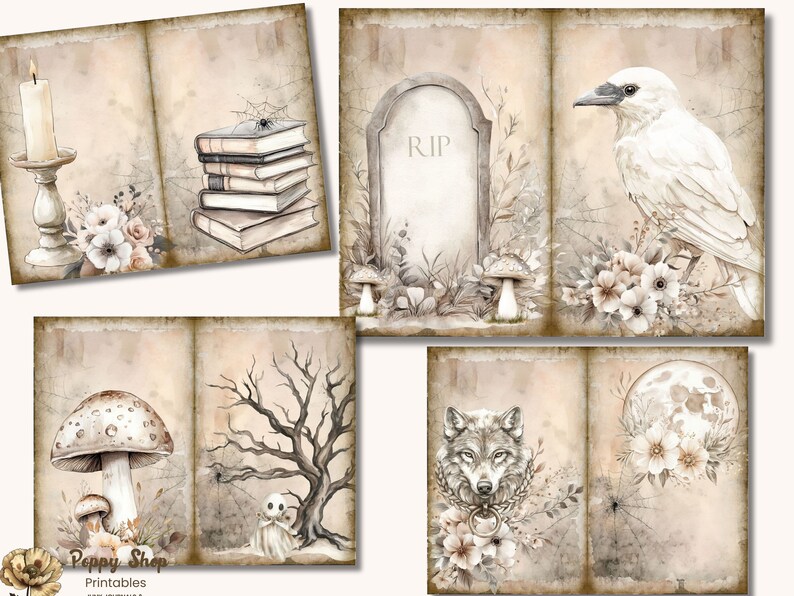 Peut inclure: Un ensemble de six papiers num&eacute;riques imprimables sur le th&egrave;me d'Halloween. Les papiers pr&eacute;sentent des images d'un cimeti&egrave;re, d'un corbeau, d'un champignon, d'un arbre, d'un loup et d'une pleine lune. Les papiers sont con&ccedil;us pour ressembler &agrave; de vieilles pages vintage.