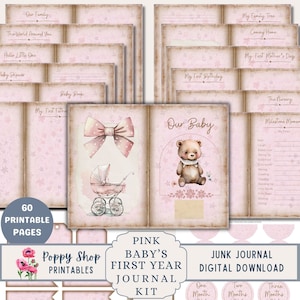 Primo anno del bambino, bambina, kit diario spazzatura, rosa, diario del bambino, idea regalo, effimeri per bambini, stampabile, libro dei ricordi, libro del bambino, download
