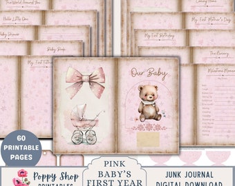 Op de afbeelding: Roze printbare baby-journaalset met 60 pagina's. De omslag heeft een roze strik, een kinderwagen en een teddybeer. De pagina's bevatten secties voor mijlpalen, herinneringen en foto's.