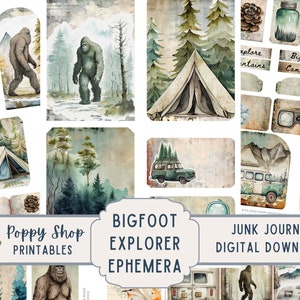 Bigfoot Explorer Ephemera, camping, aventure, kit de journal indésirable, Sasquatch, fournitures de journalisation, imprimable, ATC, scrapbooking, téléchargement numérique