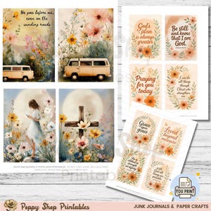 May include: A collection of printable paper crafts featuring watercolor illustrations and inspirational quotes. The designs include floral arrangements, a vintage van, a cross, and a woman reading. The text includes phrases like "He goes before me" and "God's plan is always greater."
