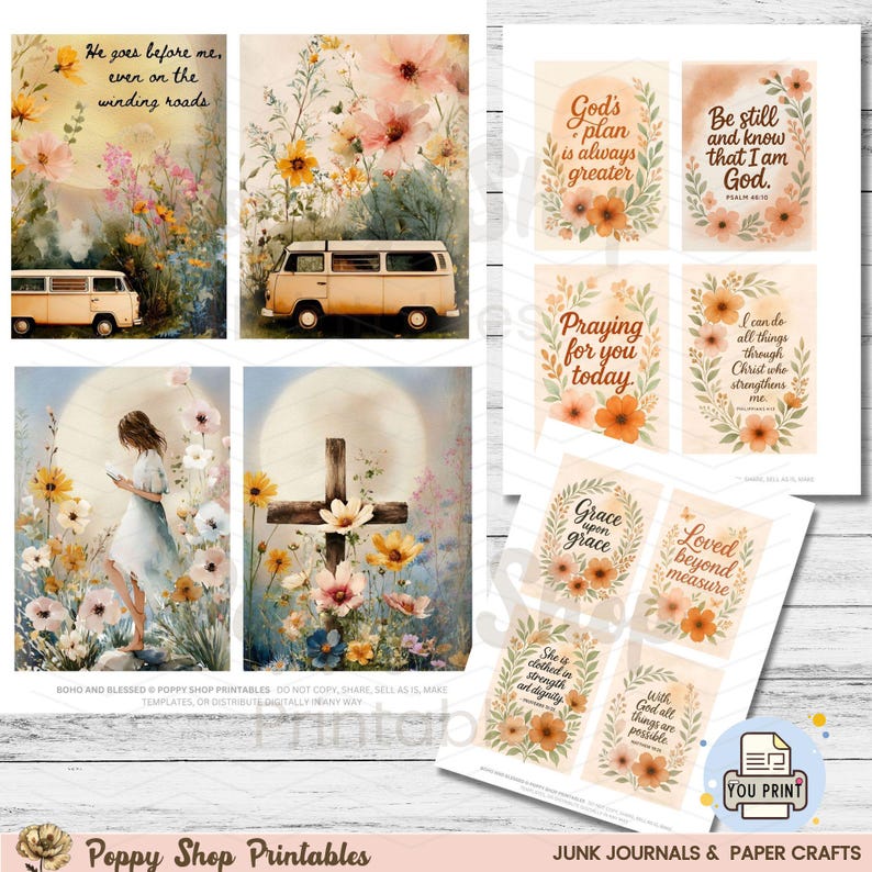 May include: A collection of printable paper crafts featuring watercolor illustrations and inspirational quotes. The designs include floral arrangements, a vintage van, a cross, and a woman reading. The text includes phrases like "He goes before me" and "God's plan is always greater."