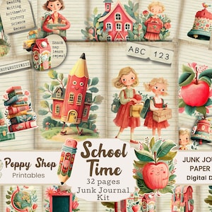 Kit de diario escolar, imprimibles para profesores, láminas escolares bonitas, escolares, retro, material escolar, recortes, álbum de recortes, etiquetas, regalo