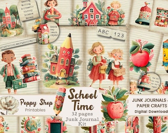School Junk Journal Kit, Teacher Printables, Cute School Prints, School Children, Retro,  School Ephemera, Fussy Cuts, Scrapbook, Tags, Gift