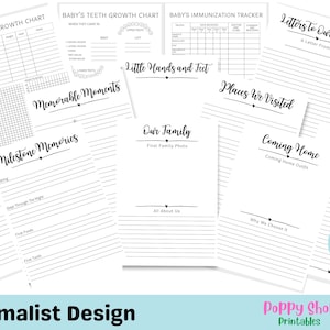 K&ouml;nnte beinhalten: Druckbare Baby-Tagebuchseiten mit minimalistischem Design. Die Seiten beinhalten Abschnitte f&uuml;r die Baby-Wachstumskurve, die Zahnwachstumskurve, den Impfausweis, Meilenstein-Erinnerungen, unvergessliche Momente, Briefe an unser Baby, kleine H&auml;nde und F&uuml;&szlig;e, unsere Familie, Orte, die wir besucht haben, und die Heimreise.