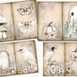 Peut inclure: Un ensemble de six papiers de scrapbooking de style vintage pour Halloween. Les motifs pr&eacute;sentent un fant&ocirc;me blanc, un corbeau blanc, un papillon blanc, un champignon blanc et deux citrouilles blanches avec des accents floraux.
