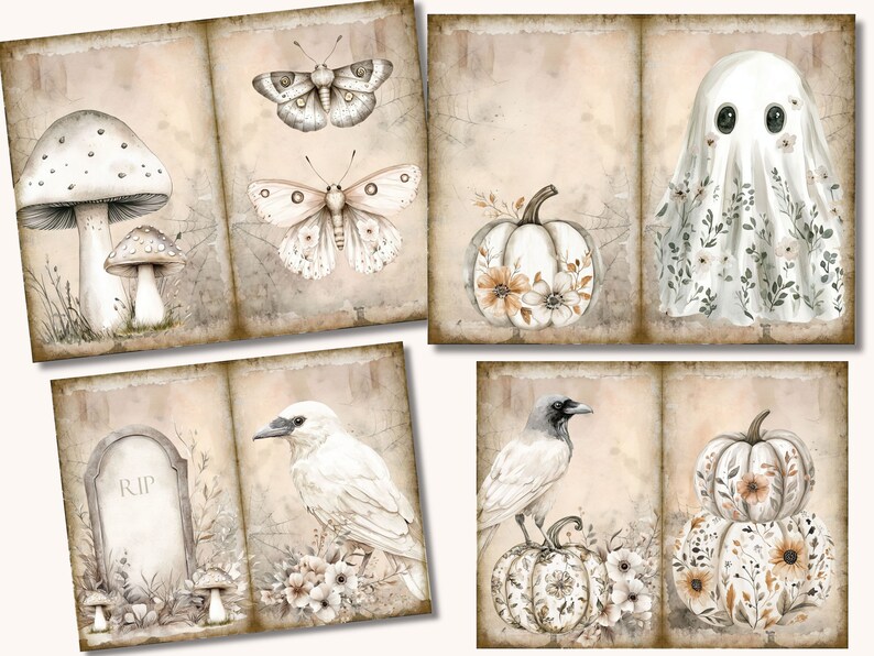 Peut inclure: Un ensemble de six papiers de scrapbooking de style vintage pour Halloween. Les motifs pr&eacute;sentent un fant&ocirc;me blanc, un corbeau blanc, un papillon blanc, un champignon blanc et deux citrouilles blanches avec des accents floraux.