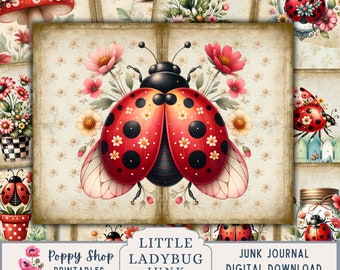 Ladybug Junk Journal, Ladybug Journal Pages, floral, Colorful, Printable Junk Journal Kit, Ladybug Ephemera, Digital Collage Sheet, Download