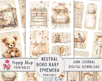 Boho Baby Ephemera, Boho Baby Junk Journal, Neutral Baby, Junk Journal Kit, Do druku, Vintage, Dziewczynka, Chłopiec, Album, Pobierz