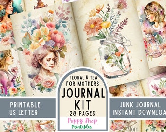 Journal indésirable, maman, fête des mères, fleurs et thé, cadeau maman, fleurs, imprimable, page de journal indésirable, vintage, scrapbooking, kit, téléchargement immédiat